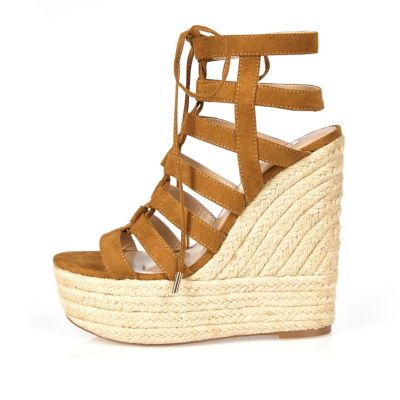 Brown suede lace up wedges